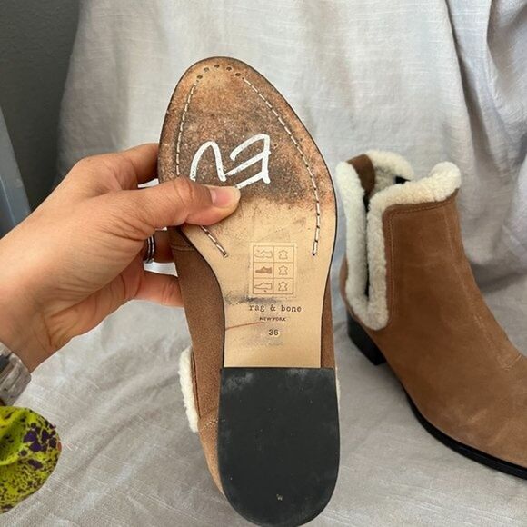 RAG & BONE Walker Shearling Chelsea Bootie Camel Suede Block Heel Boho 36 tan - Picture 7 of 7